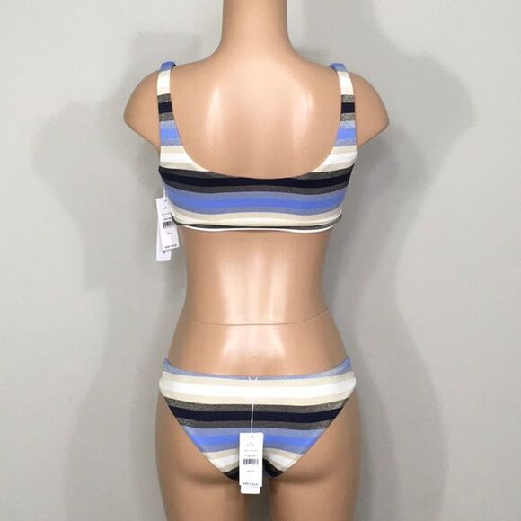 Rare. PILYQ metallic navy, blue, tan, cream stripe lace up bikini. NWT - Picture 3 of 14